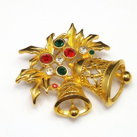 Avon Christmas Bells Brooch, Multicolored Rhinestones, 1960s Jewelry - Picture 7 of 10